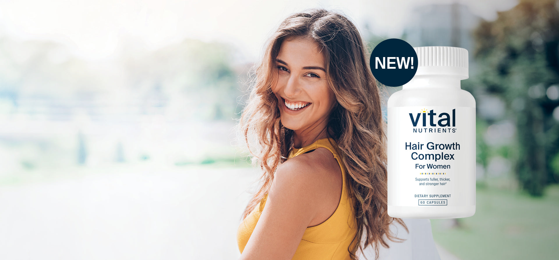 Vital Nutrients Hair Growth Complex for Women displayed next to a woman with long hair.