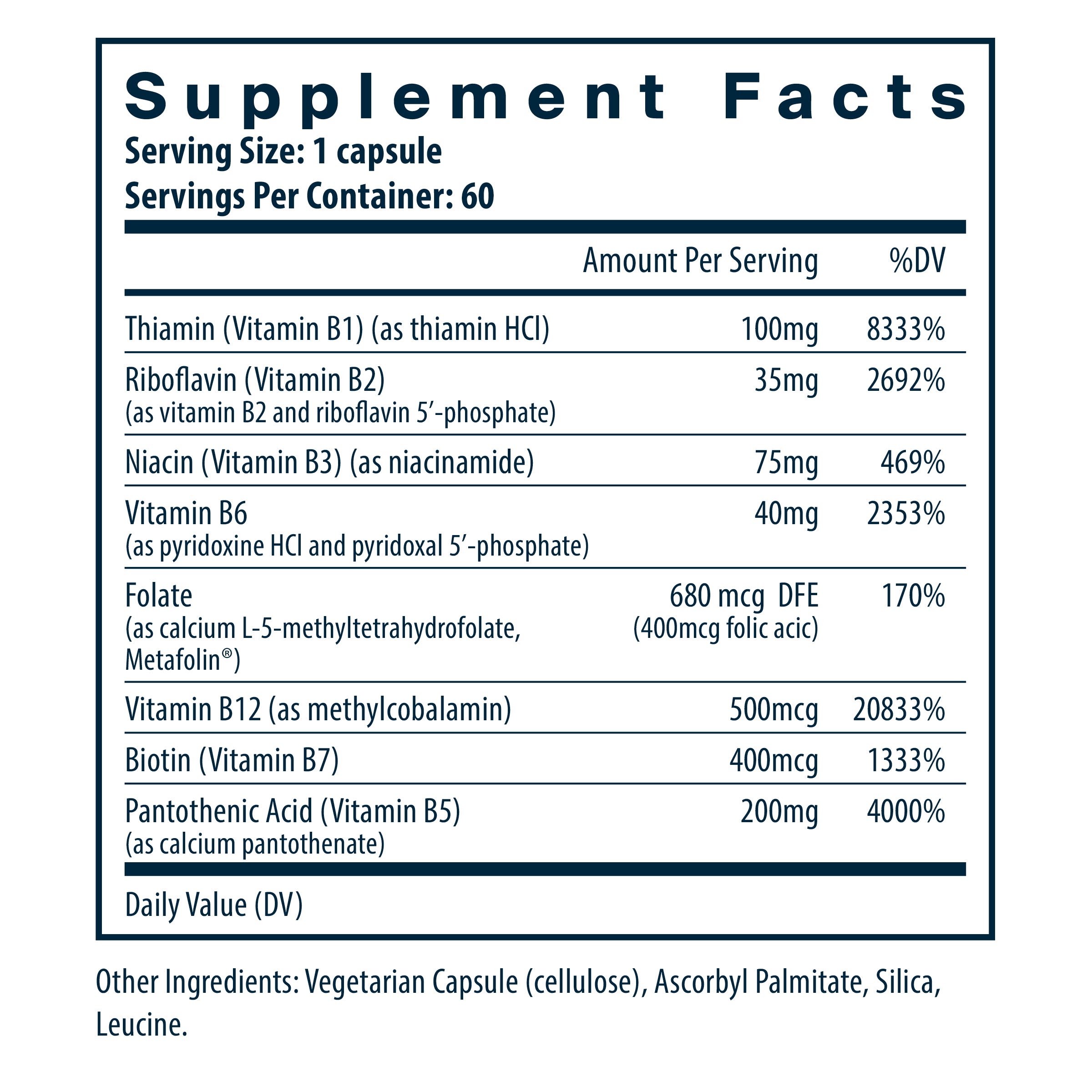 Vital Nutrients B-Complex 60 vegan capsules supplement facts.