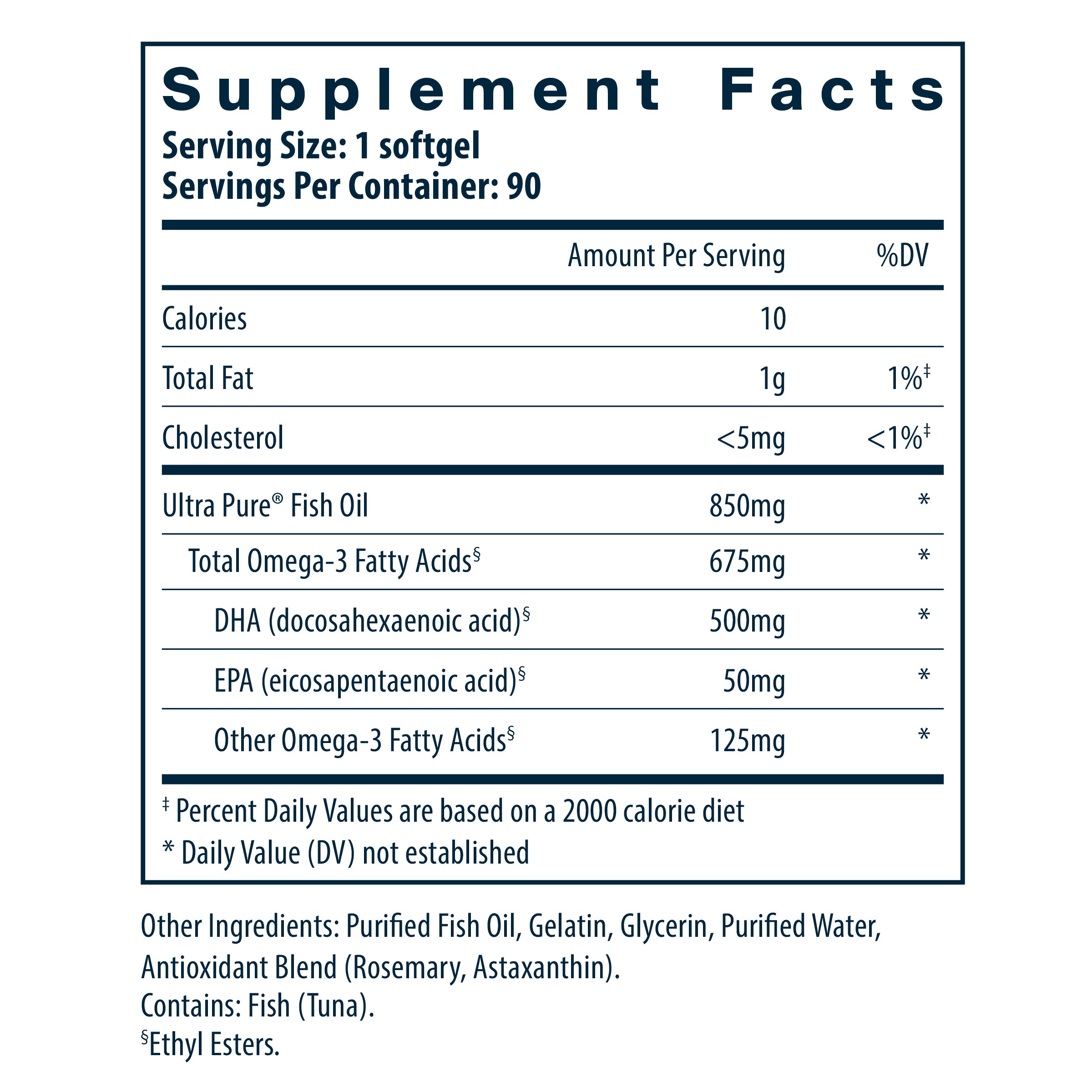 Vital Nutrients Ultra Pure® Fish Oil 675 High Omega-3 DHA Pharmaceutical Grade 90 Softgels supplement facts.