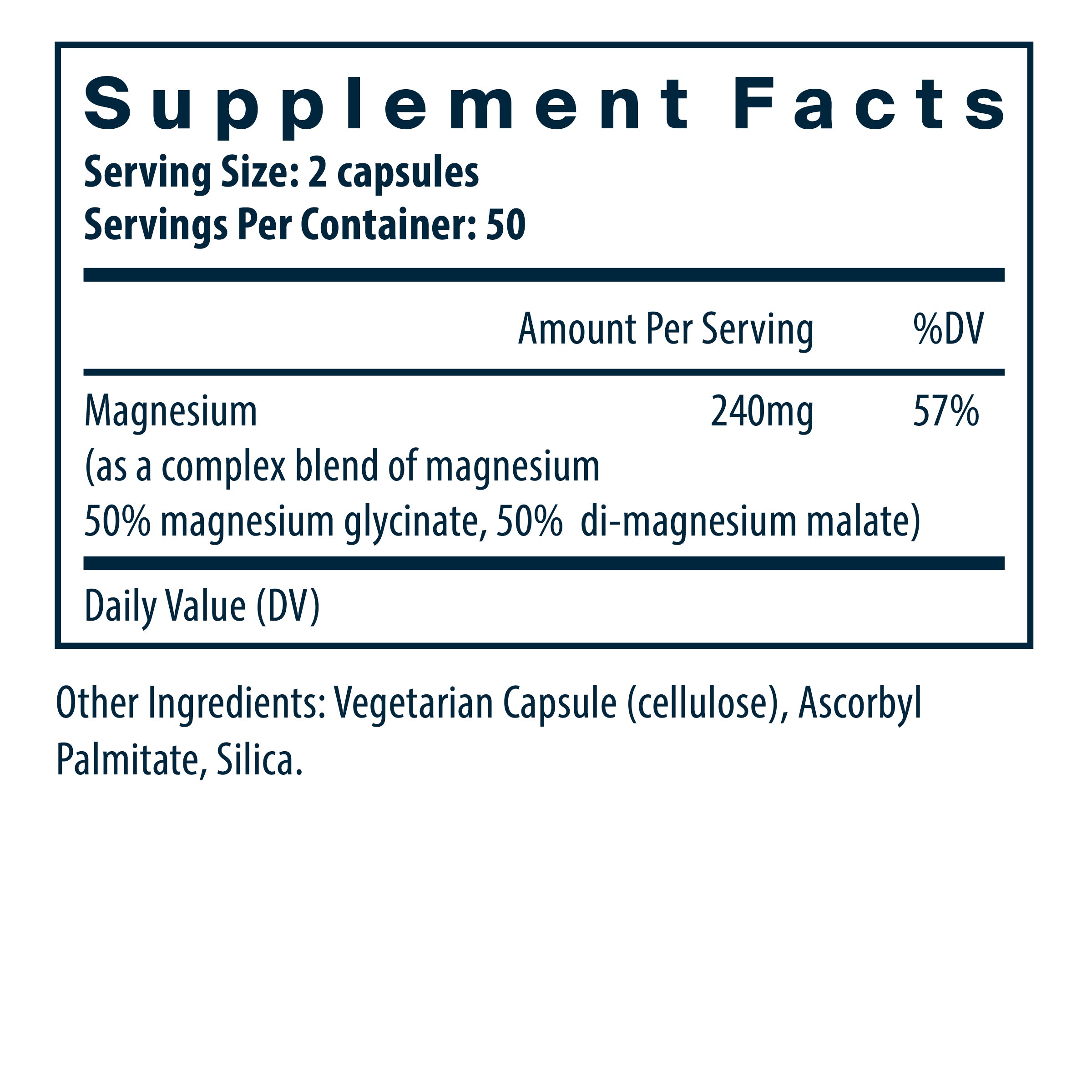 Vital Nutrients Magnesium Glycinate + Malate 100 vegan capsules supplement facts.