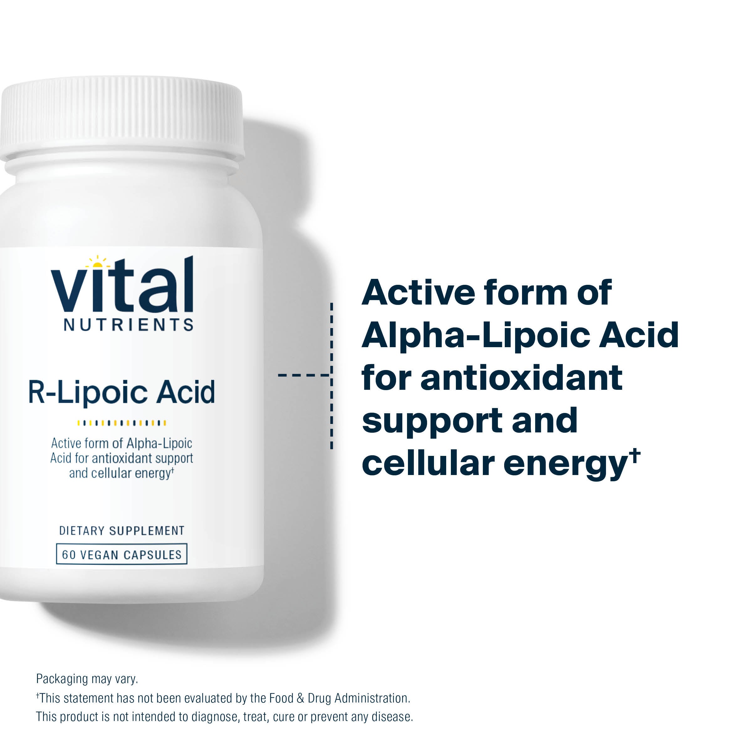 Vital Nutrients R-Lipoic Acid is an active form of alpha-lipoic acid for antioxidant support and cellular energy.*