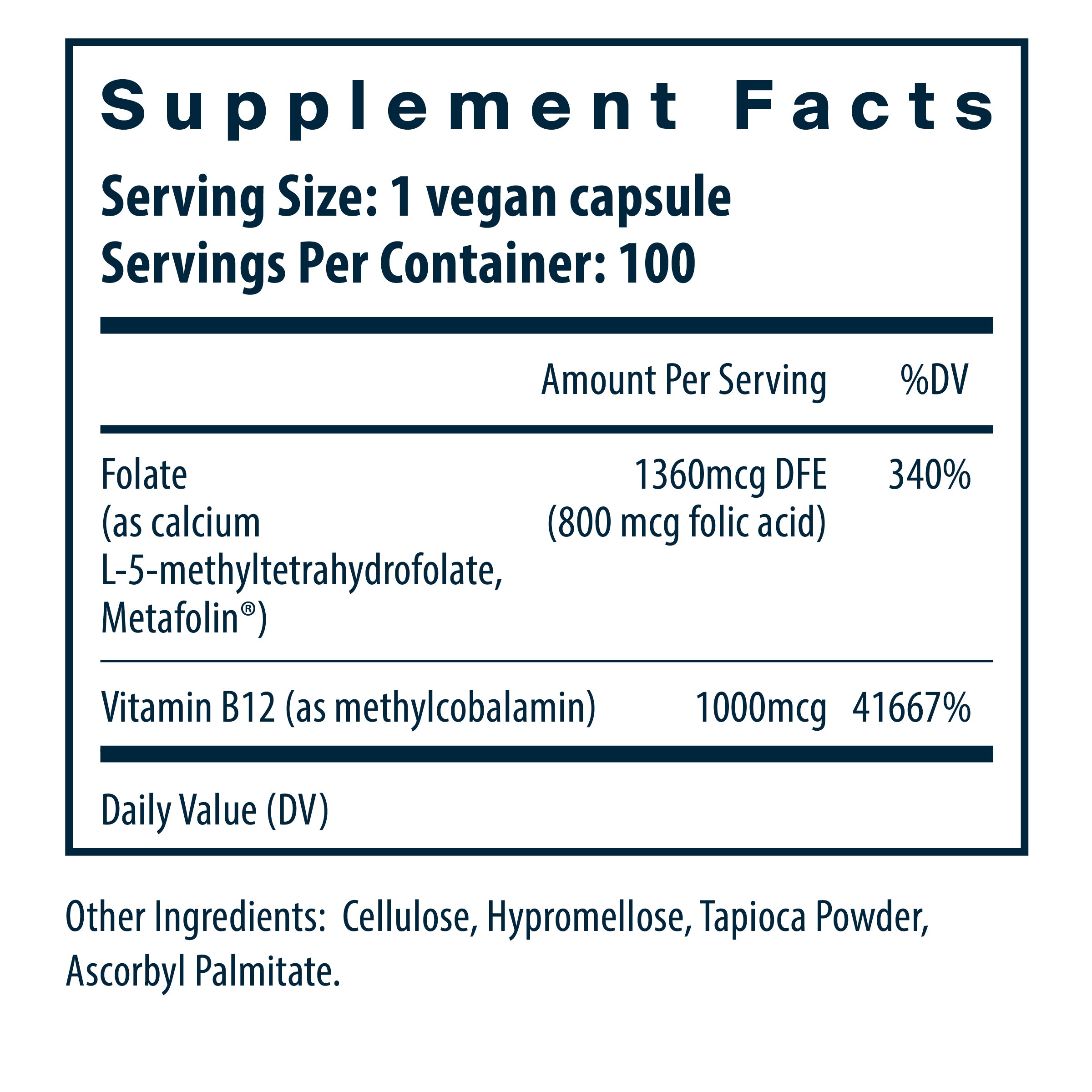 Vital Nutrients B12 & Methyl Folate 100 capsules supplement facts.