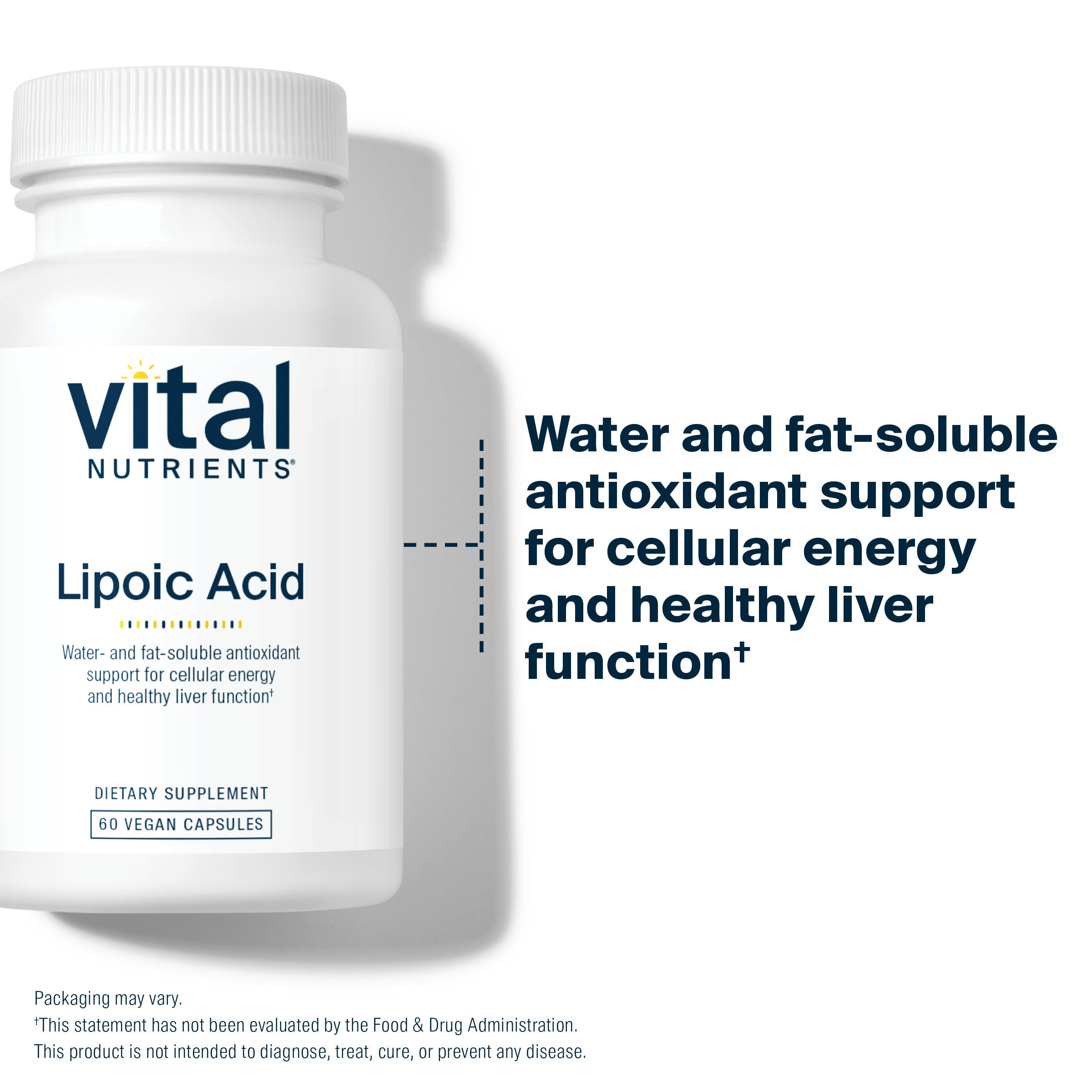 Vital Nutrients Lipoic Acid is water and fat soluble antioxidant support for cellular energy and healthy liver function.*
