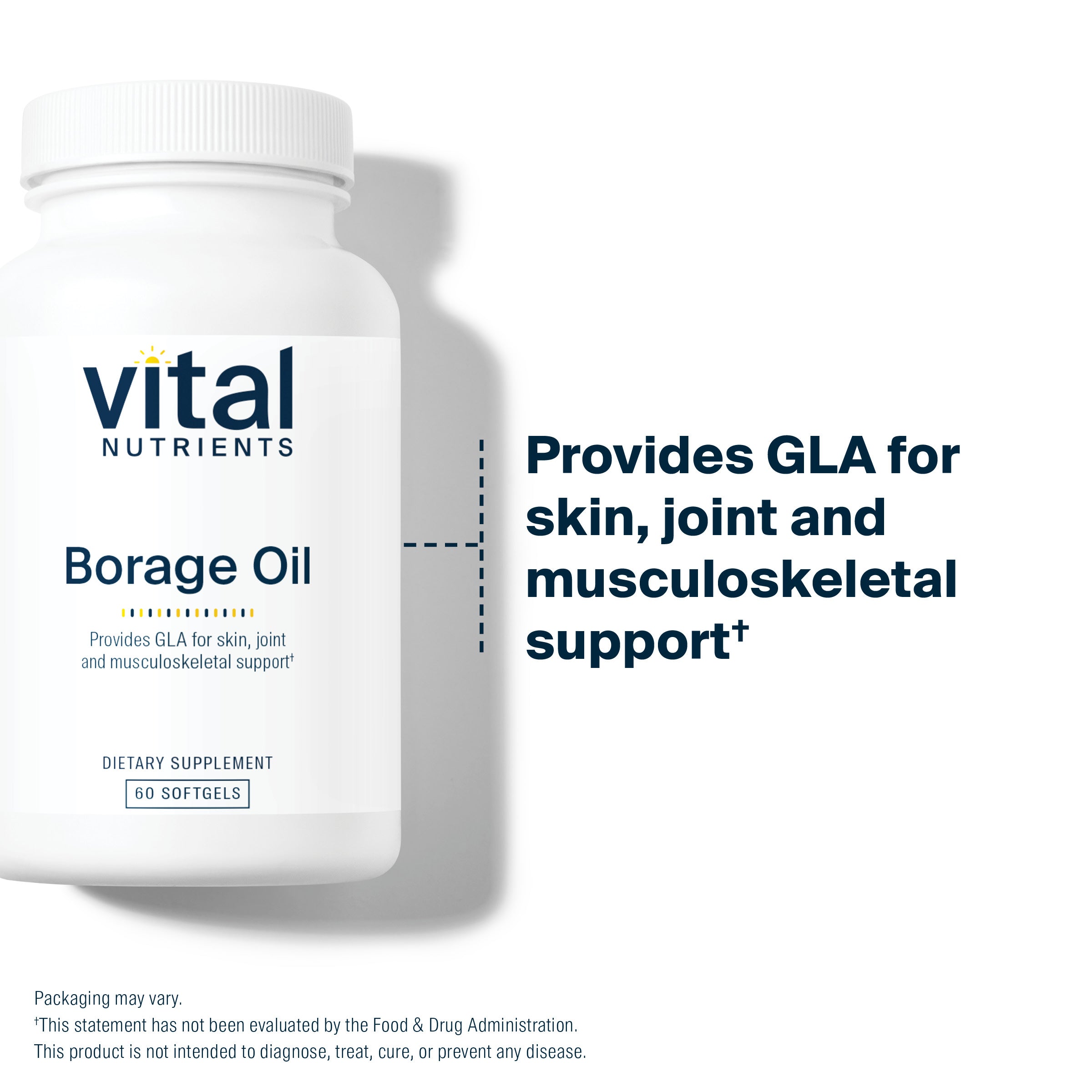 Vital Nutrients Borage Oil provides GLA for skin, joint and musculoskeletal support.*