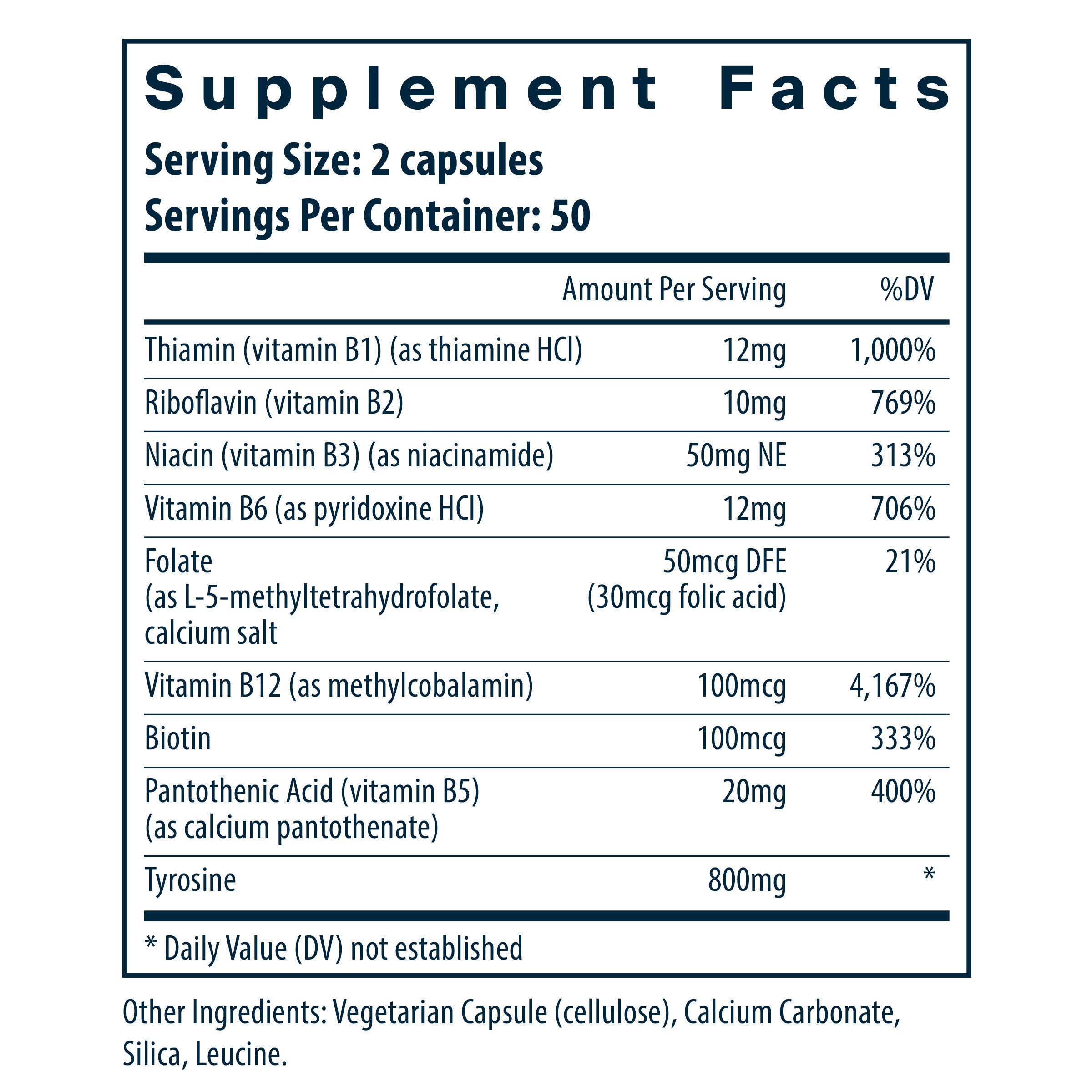 Vital Nutrients Tyrosine and B Vitamins supplement facts.