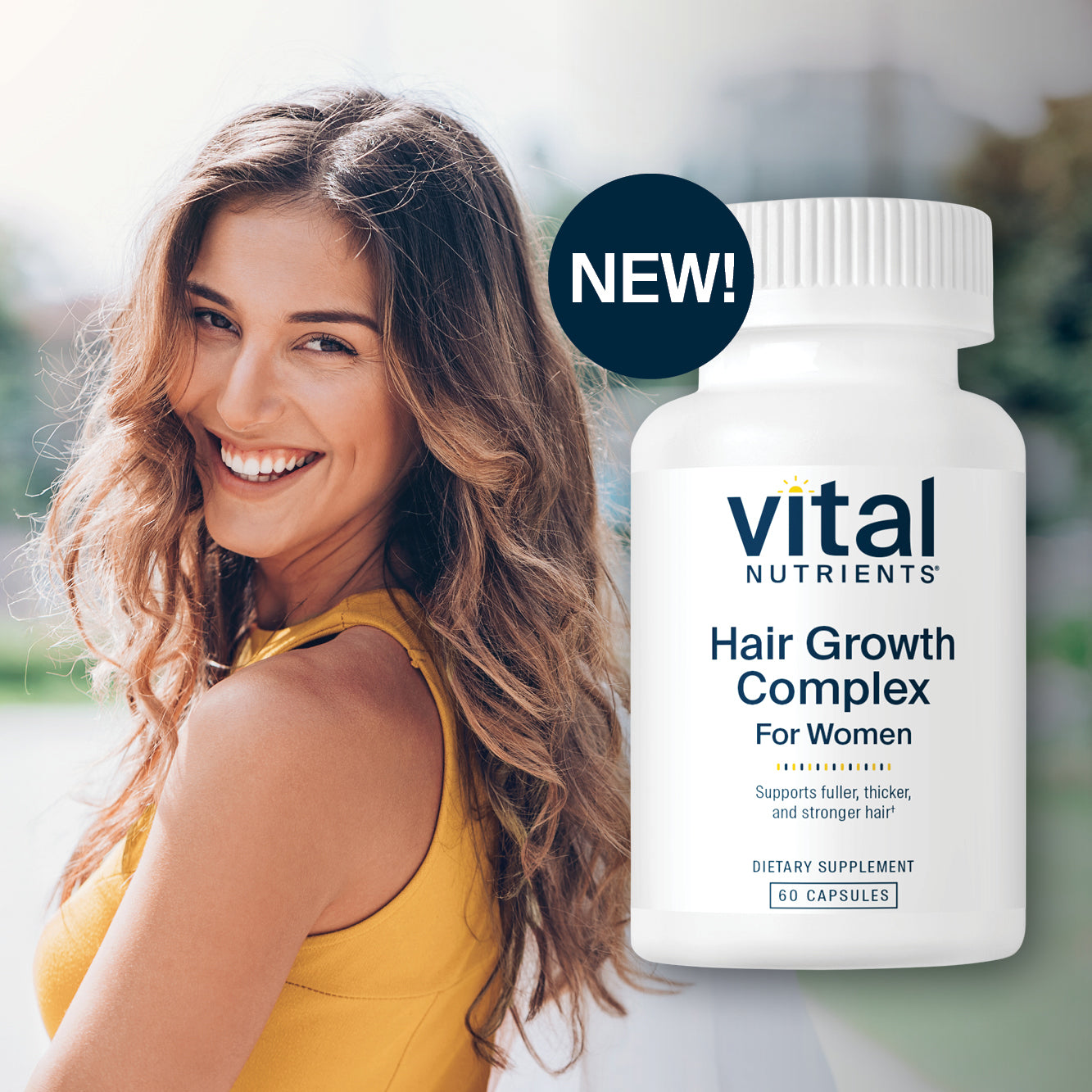 Woman with long hair next to a bottle of Vital Nutrients Hair Growth Complex for Women.