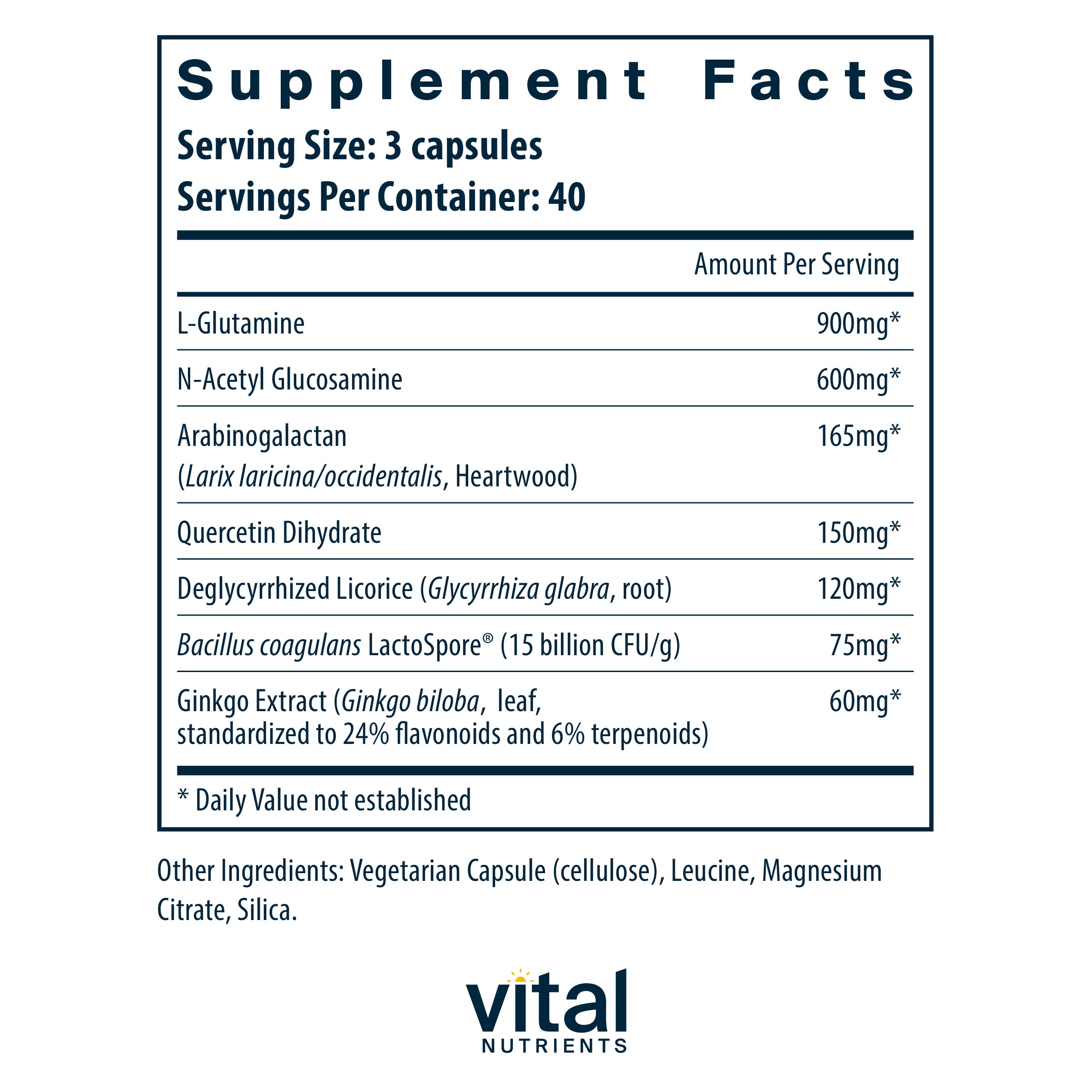 Product label and ingredient information for Vital Nutrients - GI Repair Nutrients, 120 Capsules