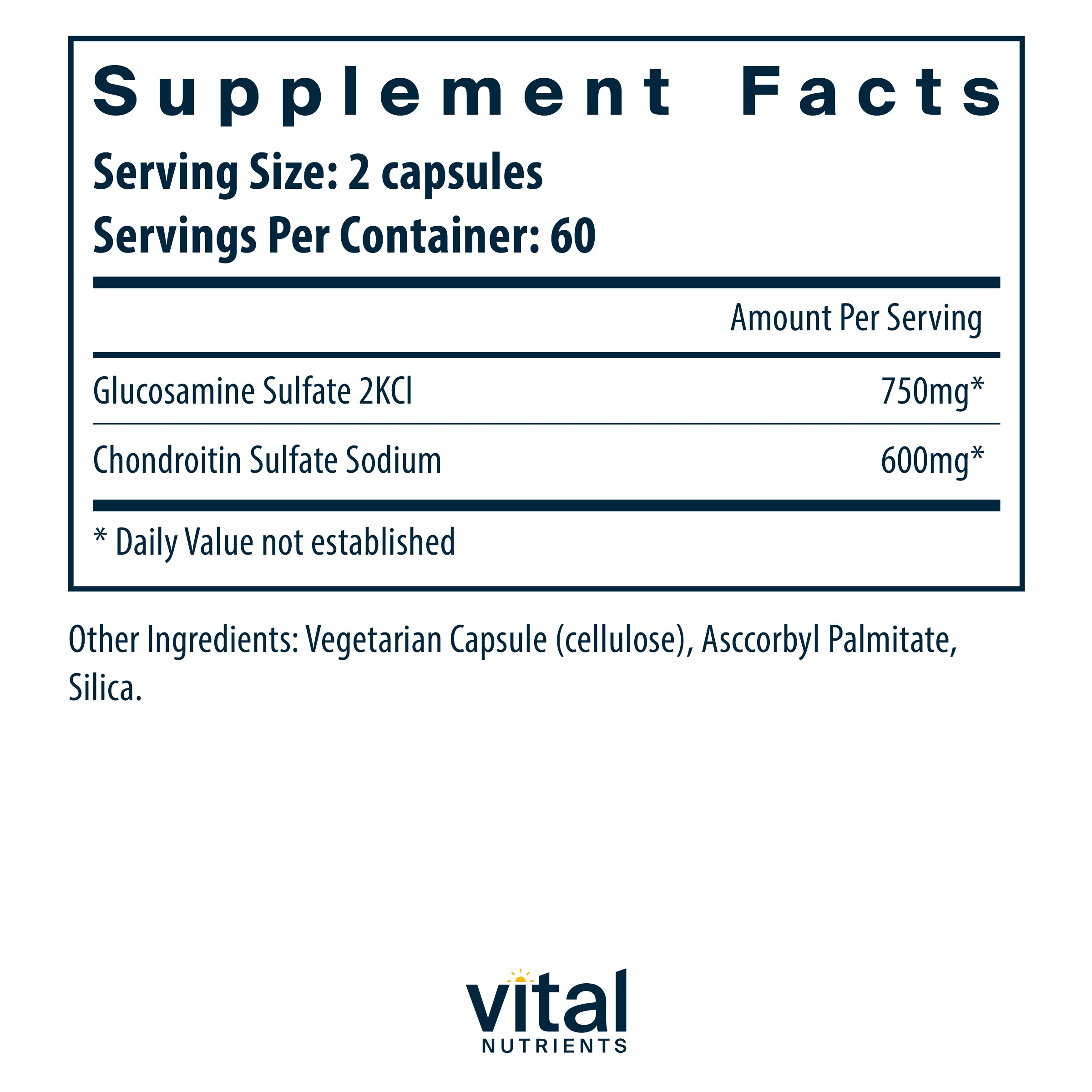 Product label and ingredient information for Vital Nutrients - Glucosamine and Chondroitin Sulfate, 120 Capsules