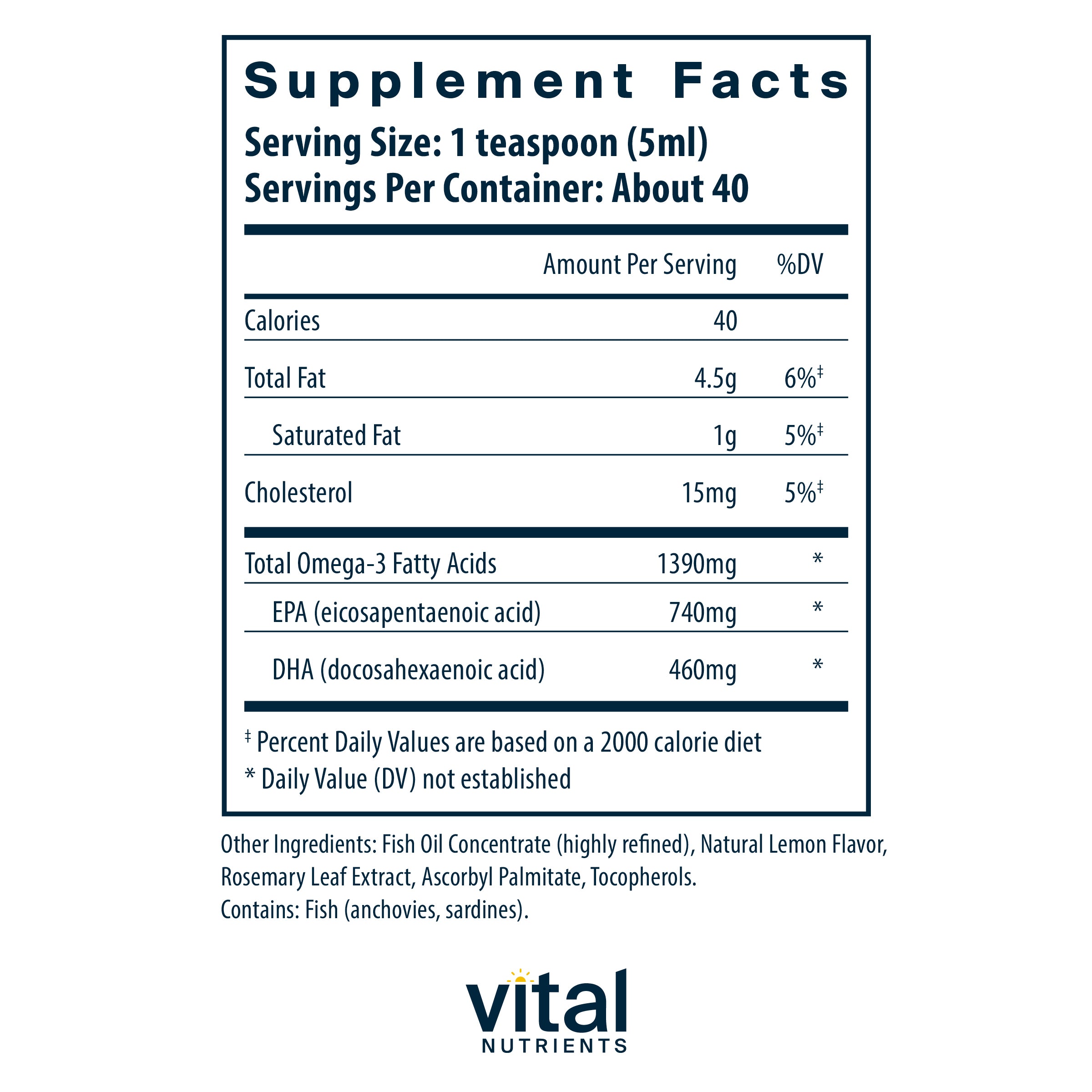 Product label and ingredient information for Vital Nutrients - Ultra Pure® Fish Oil 1400, 200 ml