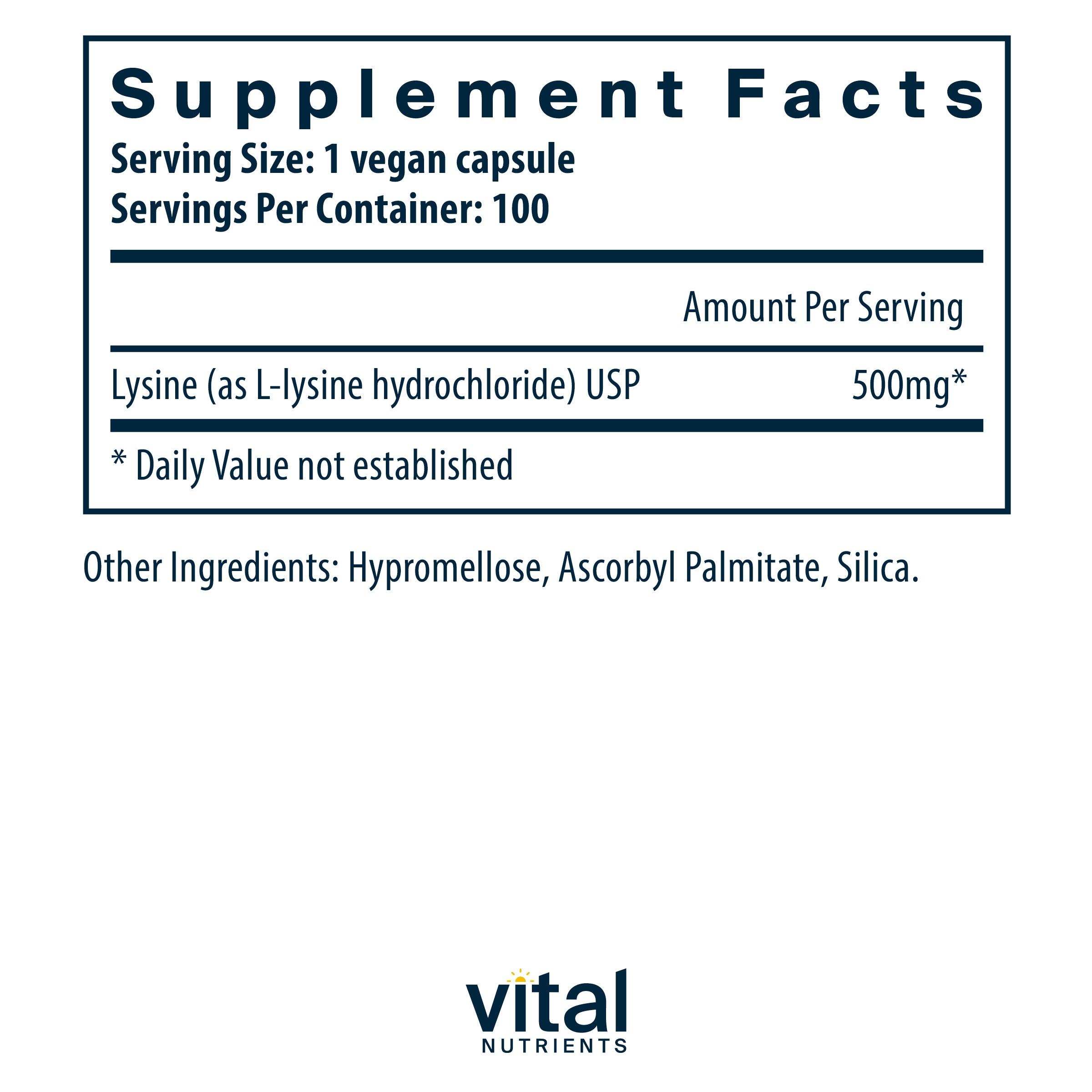 Product label and ingredient information for Vital Nutrients - Lysine 500mg, 100 Capsules