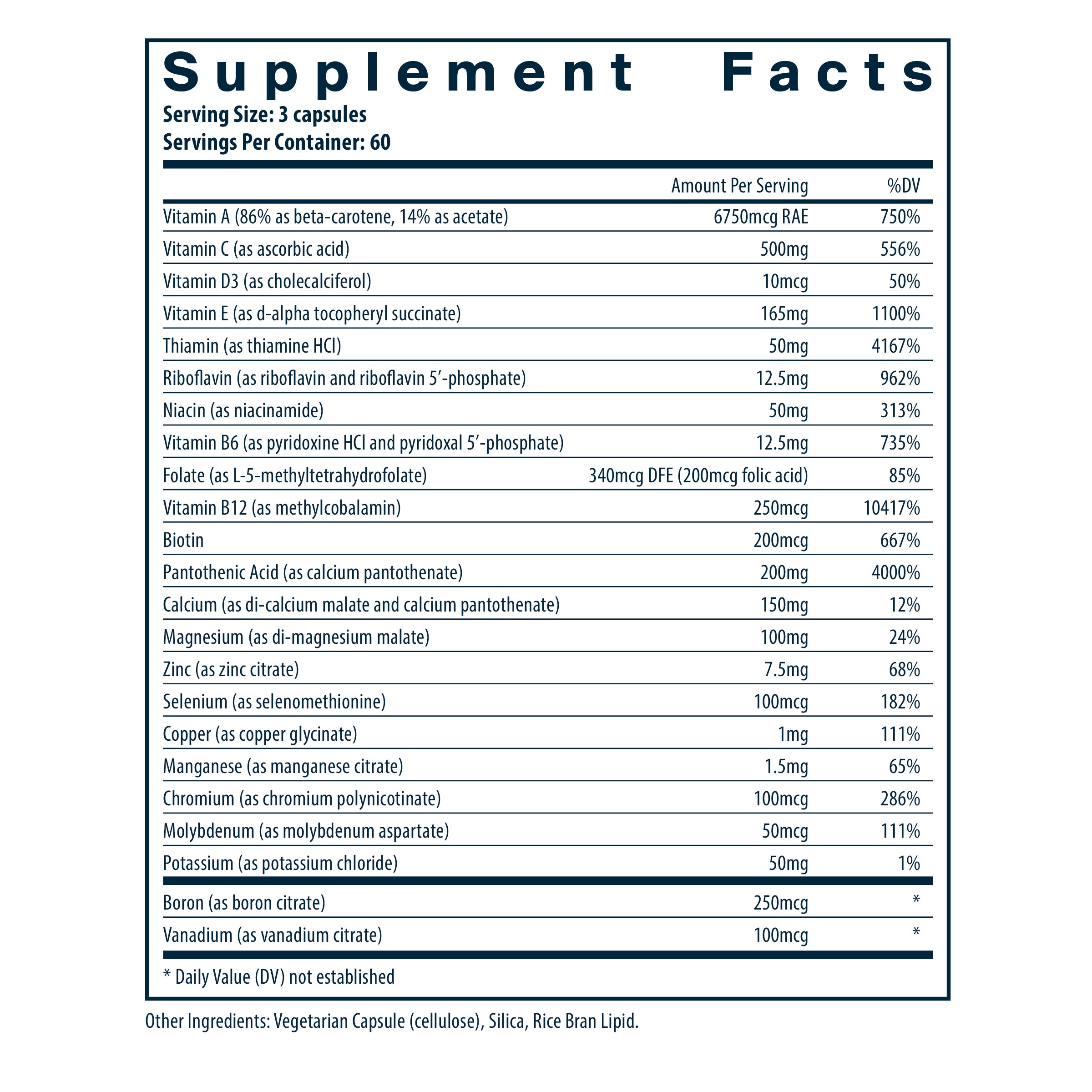 Product label and ingredient information for Vital Nutrients - Multi-Nutrients (No Iron or Iodine), 180 Capsules