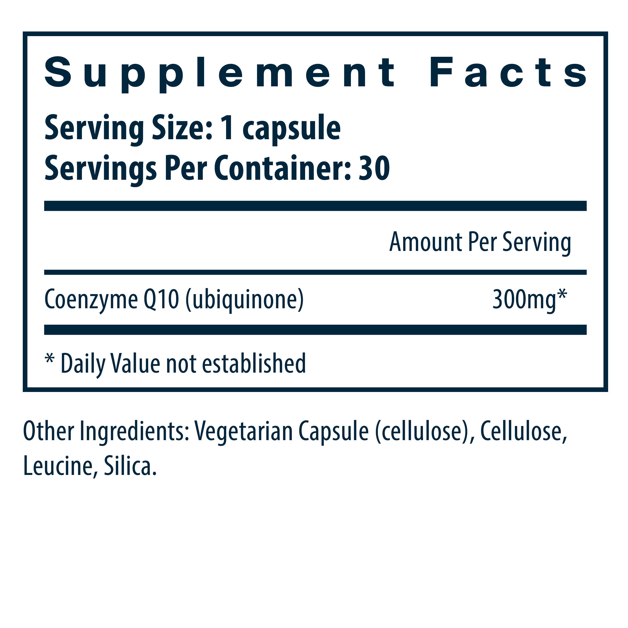 Product label and ingredient information for Vital Nutrients - CoEnzyme Q10 300mg, 30 Capsules
