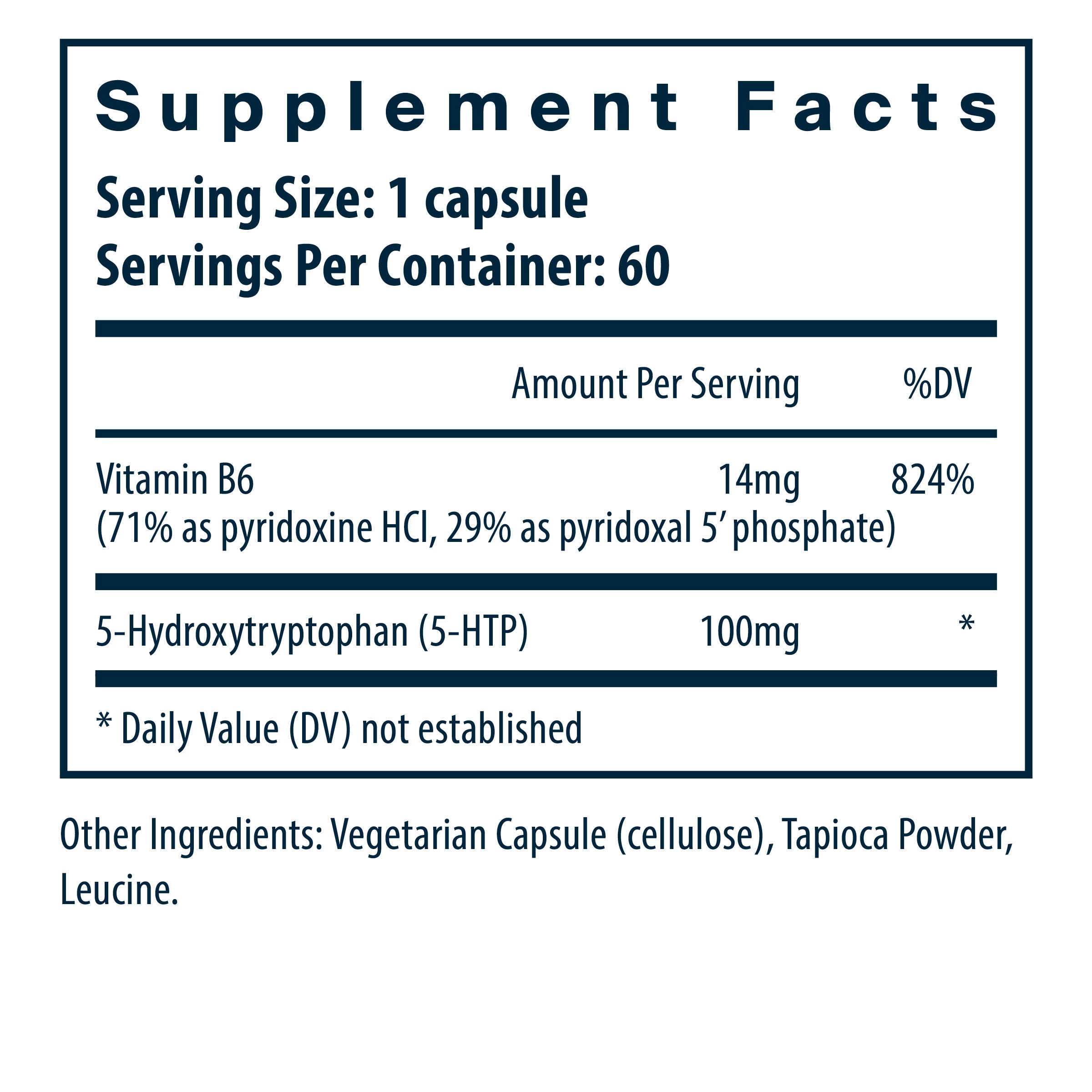 Product label and ingredient information for Vital Nutrients - 5HTP 100mg, 60 Capsules
