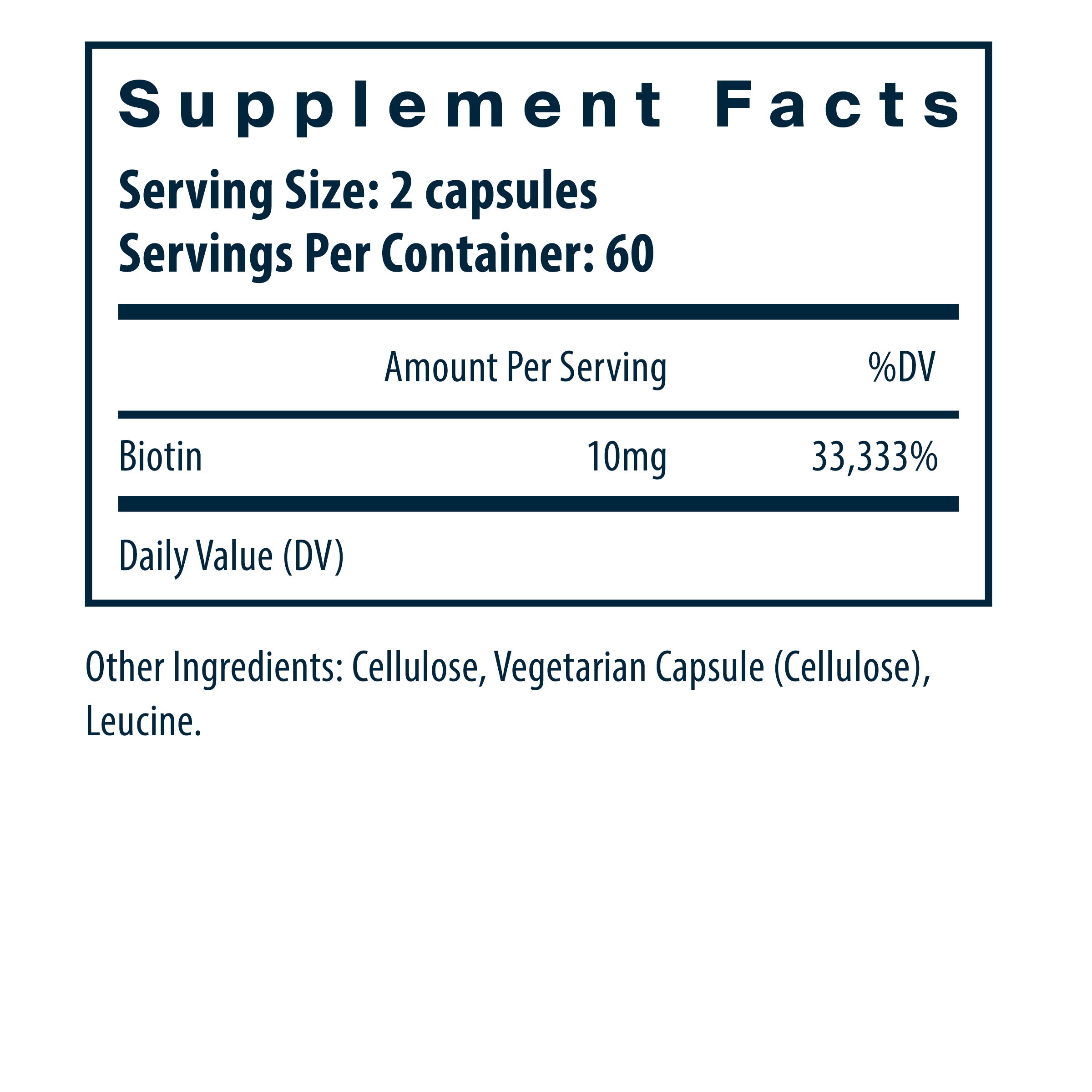 Product label and ingredient information for Vital Nutrients - Biotin 10mg, 120 Capsules
