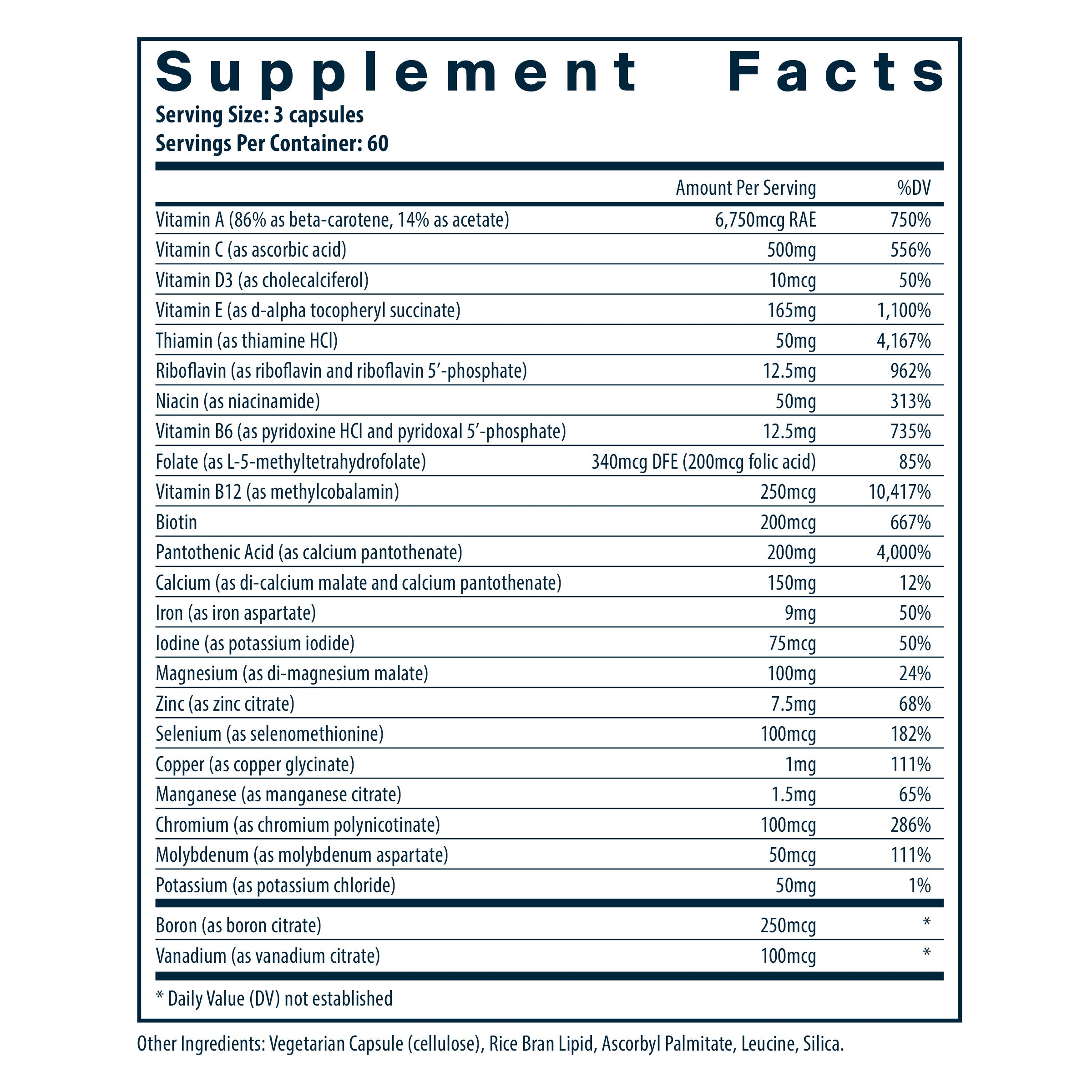 Product label and ingredient information for Vital Nutrients - Multi-Nutrients w/Iron and Iodine, 180 Capsules