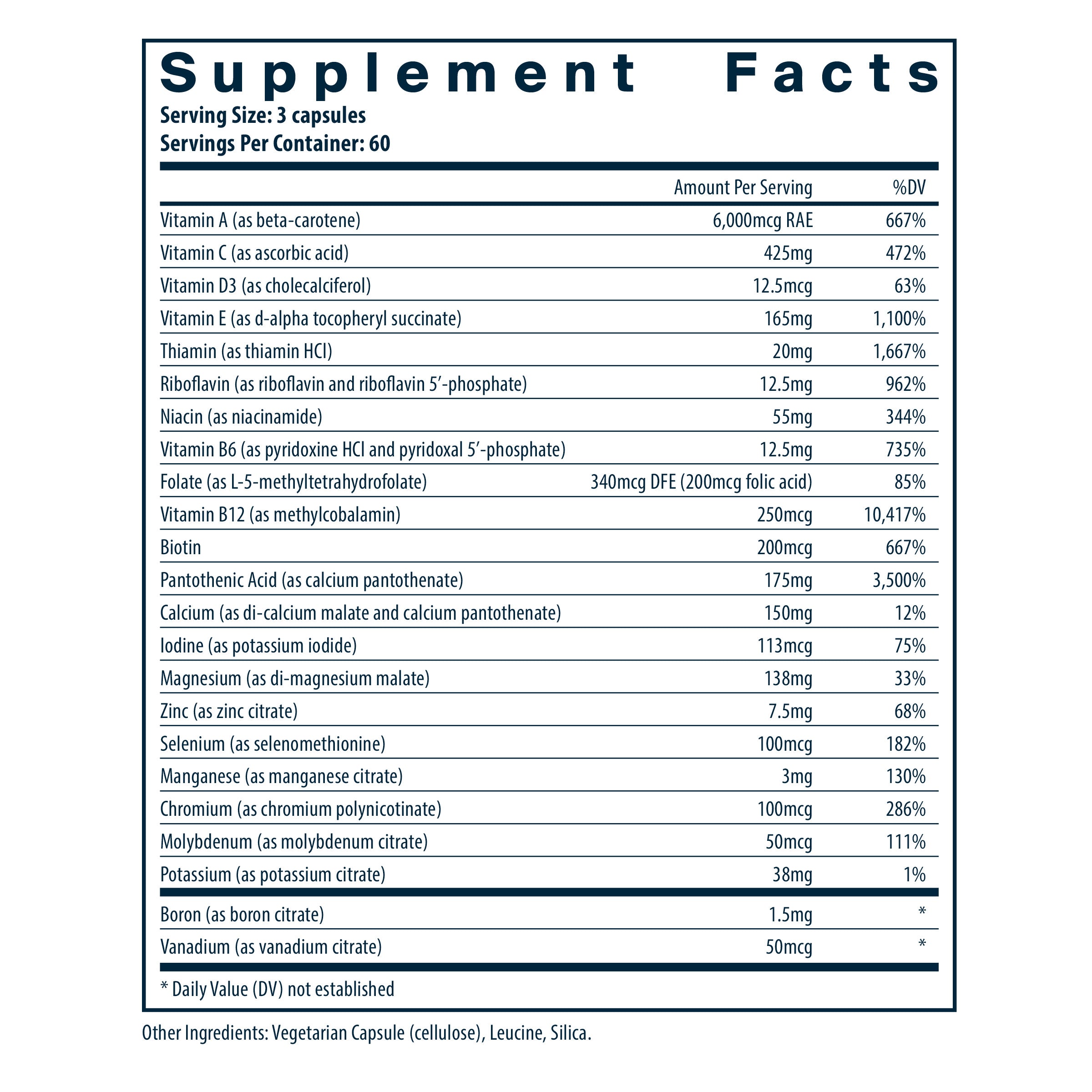 Product label and ingredient information for Vital Nutrients - Multi-Nutrients 3 Citrate/Malate (without Copper & without Iron), 180 Capsules