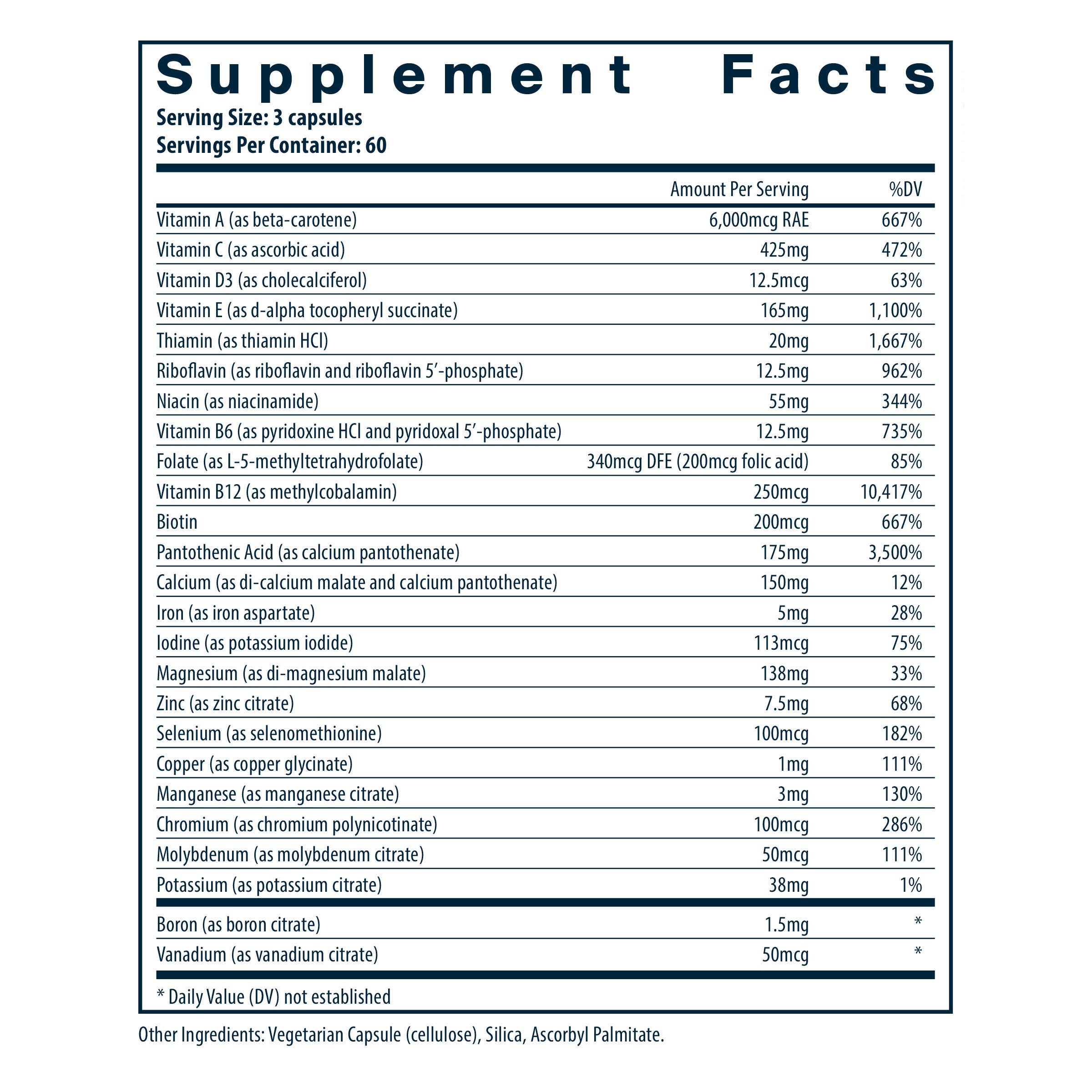 Product label and ingredient information for Vital Nutrients - Multi-Nutrients 4 Citrate/Malate Formula (with Copper & Iron)
