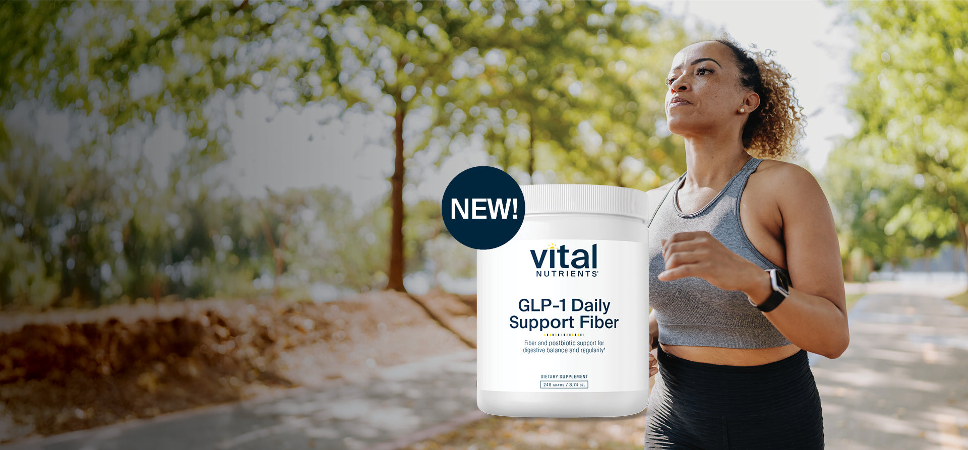Woman exercising outdoors with a container of Vital Nutrients GLP-1 Daily Support Fiber in the foreground.