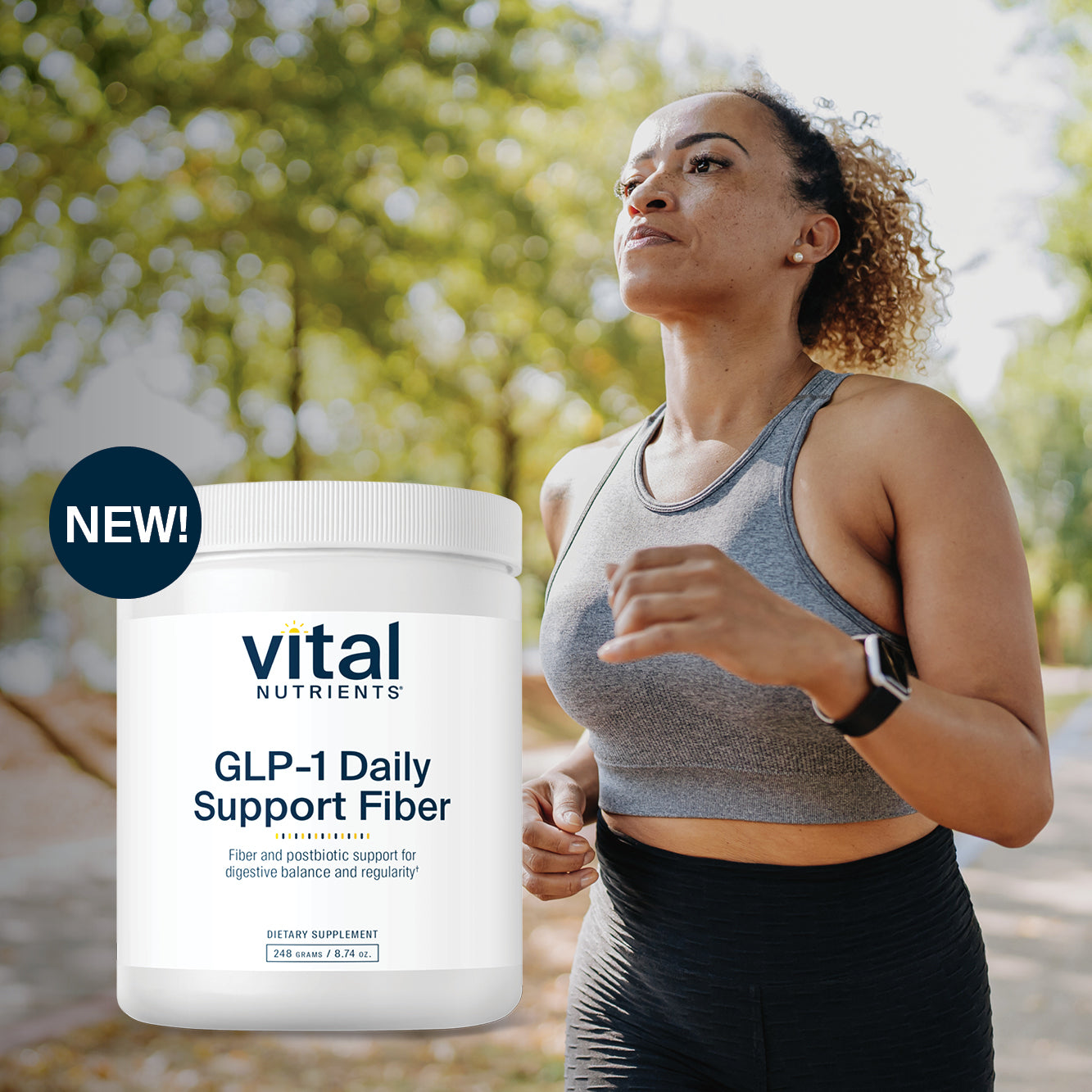 A woman running outdoors with a supplement container labeled 'Vital Nutrients GLP-1 Daily Support Fiber in the foreground.