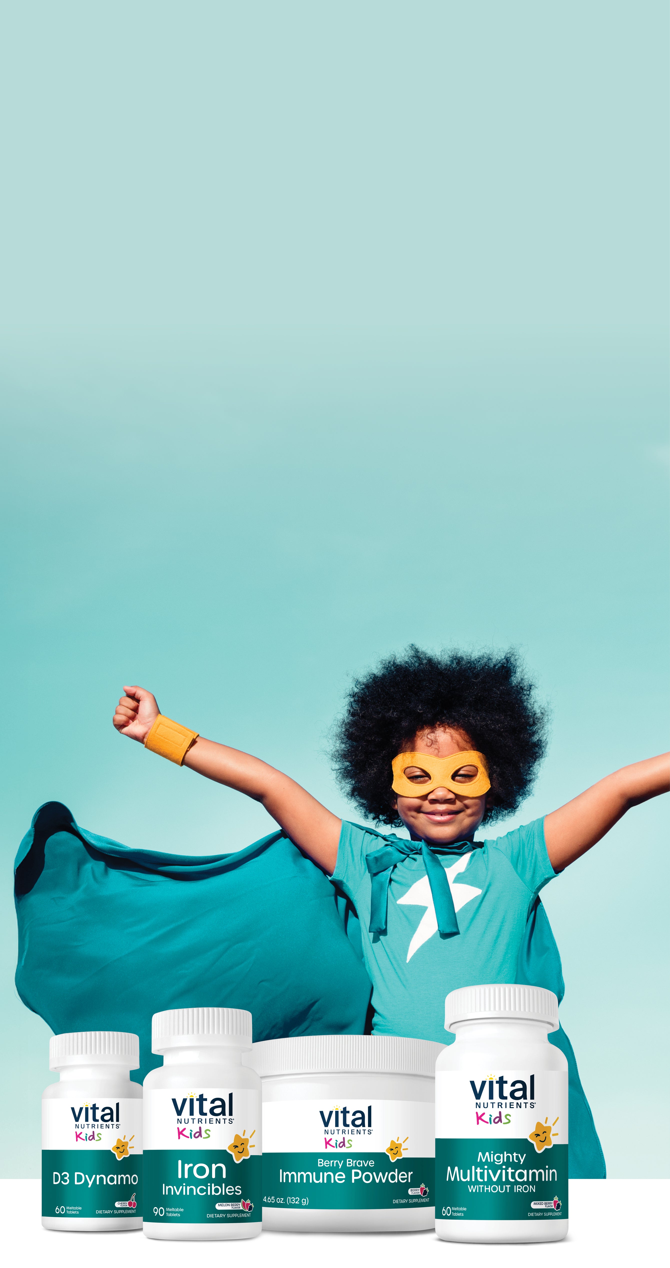 A child dressed as a superhero with a cape, with arms raised, next to Vital Nutrients Kids vitamins.