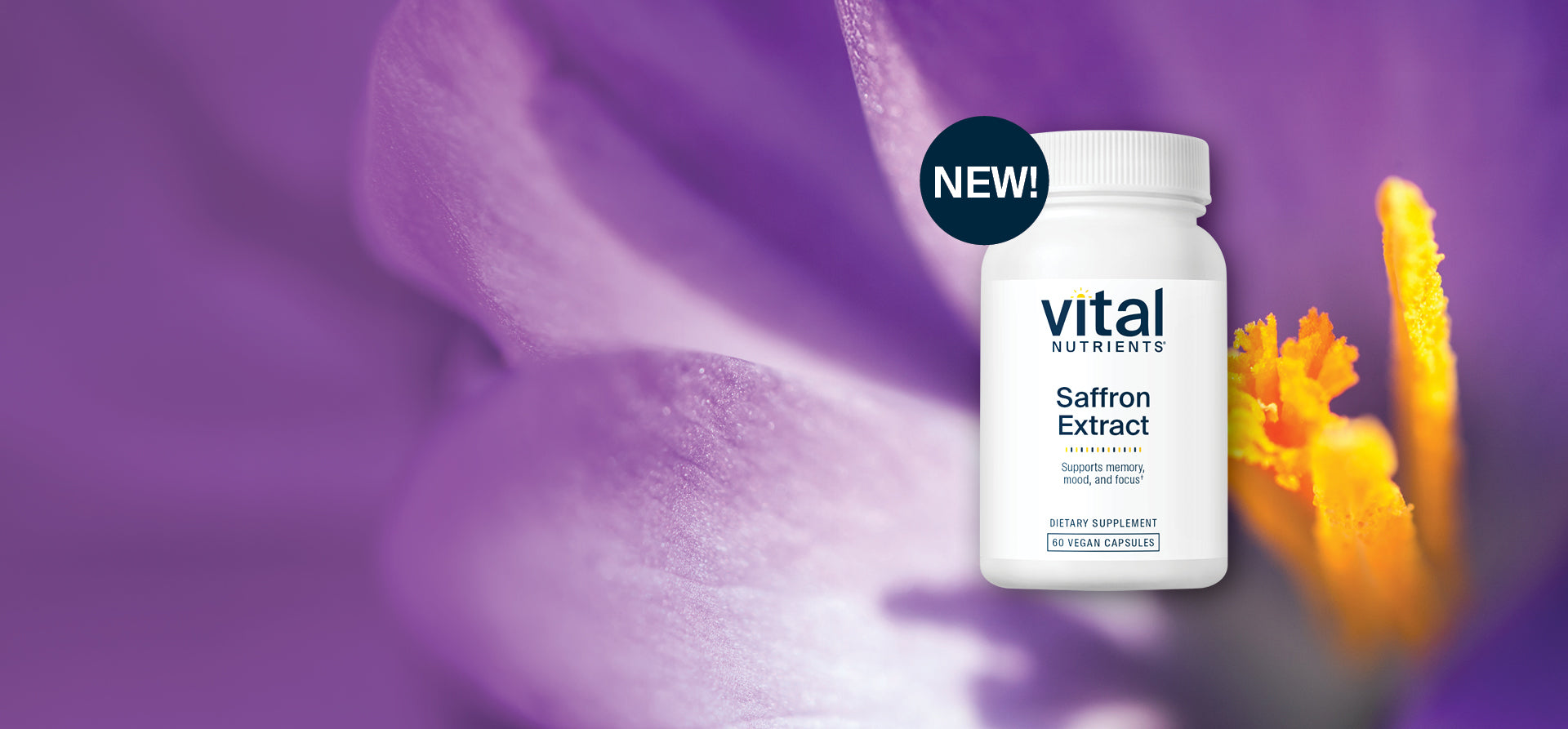 Vital Nutrients Saffron Extract supplement bottle with a purple flower background