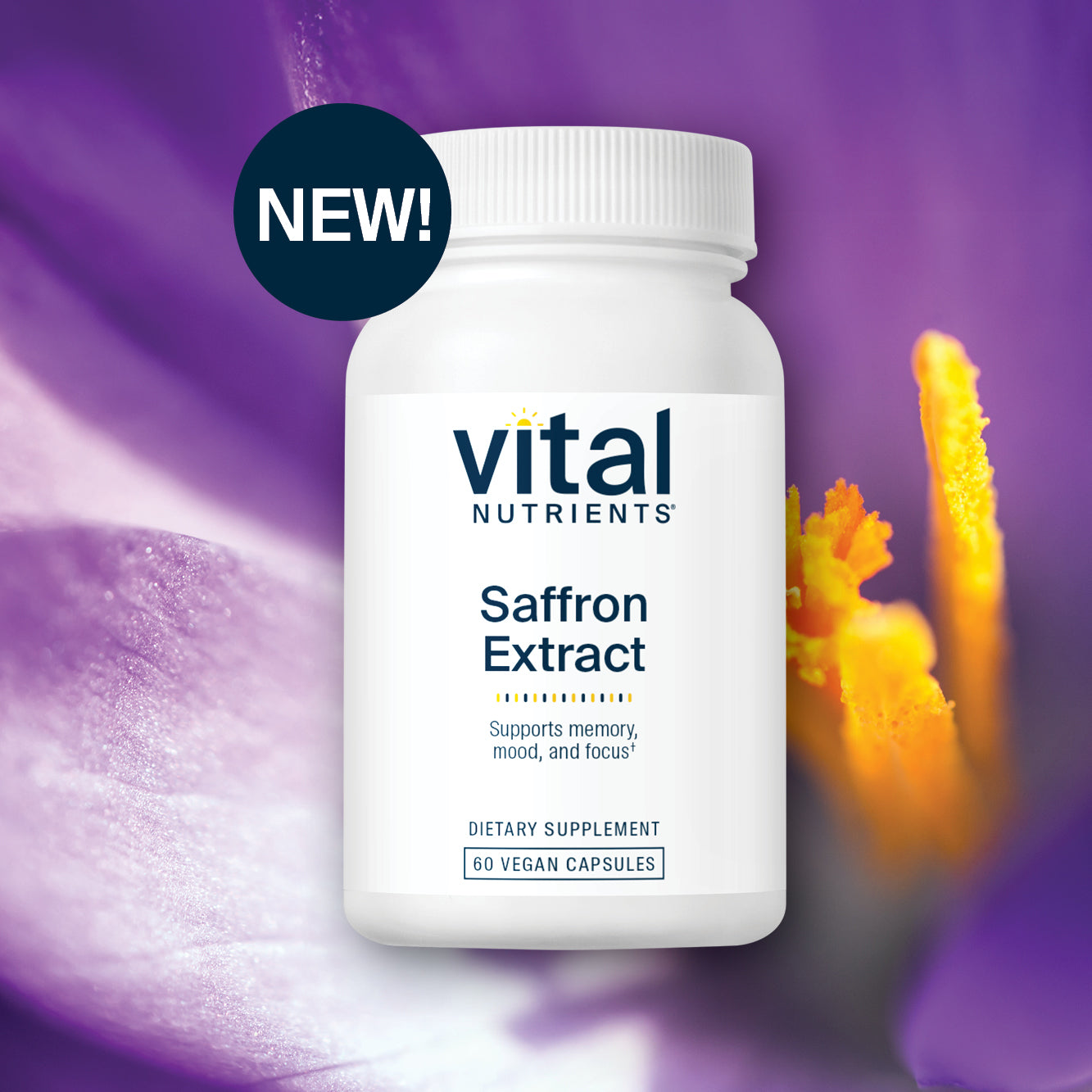 Vital Nutrients Saffron Extract supplement bottle with a purple flower background